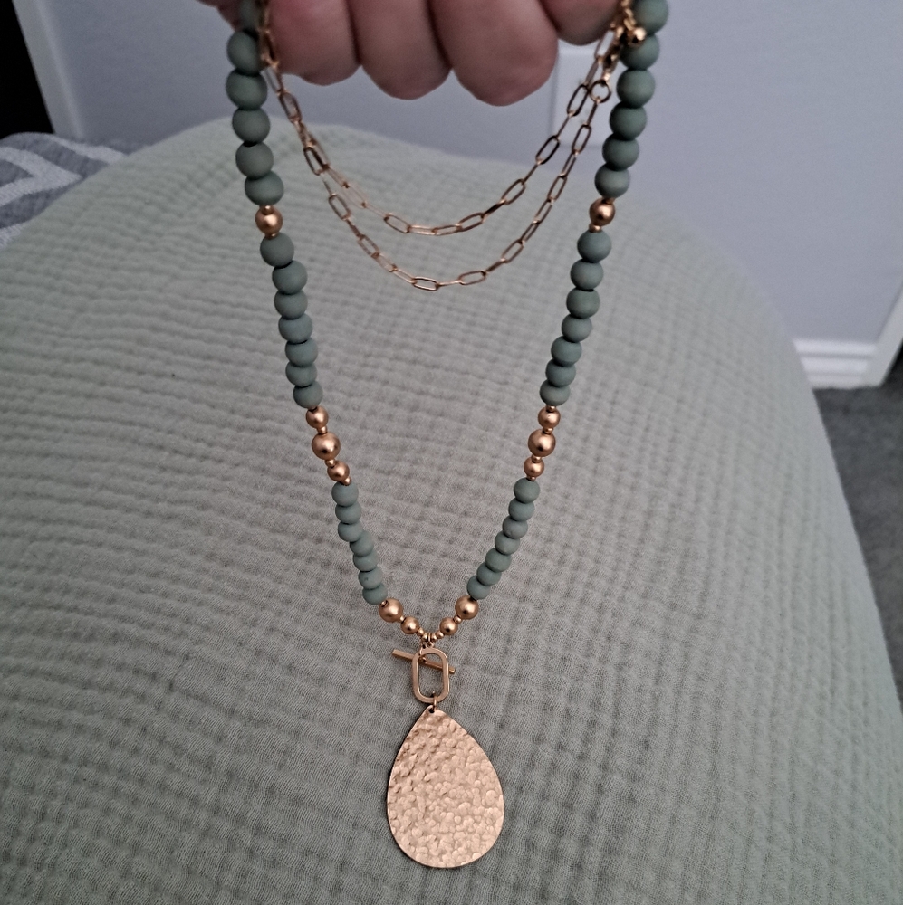 Sage Green and Gold Wood Bead Pendant Necklace